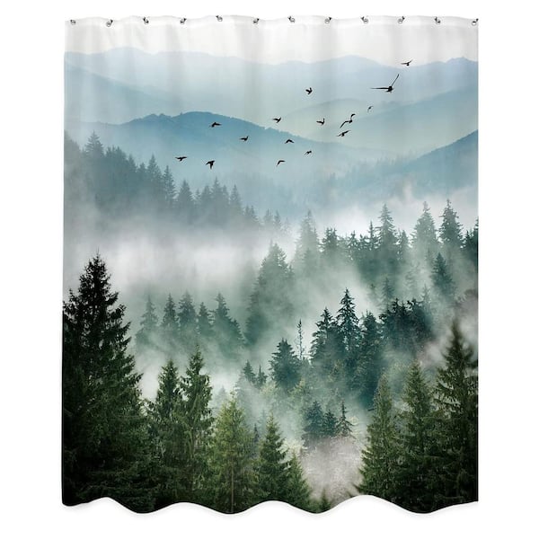 Mountain Scenery Shower Curtain 60x72 Nature Tree Waterproof Fabric Alpine Rustic with 12 Hooks Polyester in Green