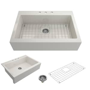 Nuova Biscuit Fireclay 34 in. Single Bowl Drop-In Apron Front Kitchen Sink with Protective Grid and Strainer