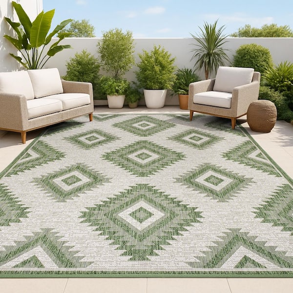 Lior Geometric Moroccan Diamond Green/Cream 4 ft. x 6 ft. Indoor/Outdoor Area Rug