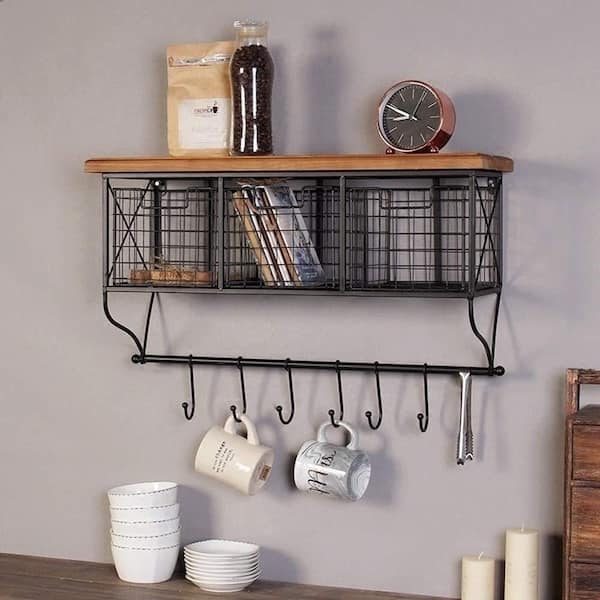 Wood And Metal Wire Cubby Wall Shelf With Hooks