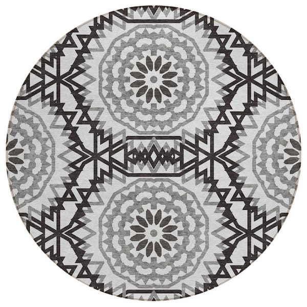 White, Black, Gray 8 ft. Round Woven Floral, Medallion Polyester Round Indoor/Outdoor Area Rug
