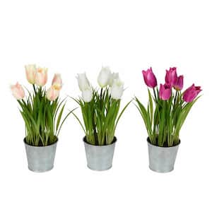 10 .5 in Artificial Assorted Set of Tulips in Metal Pot.