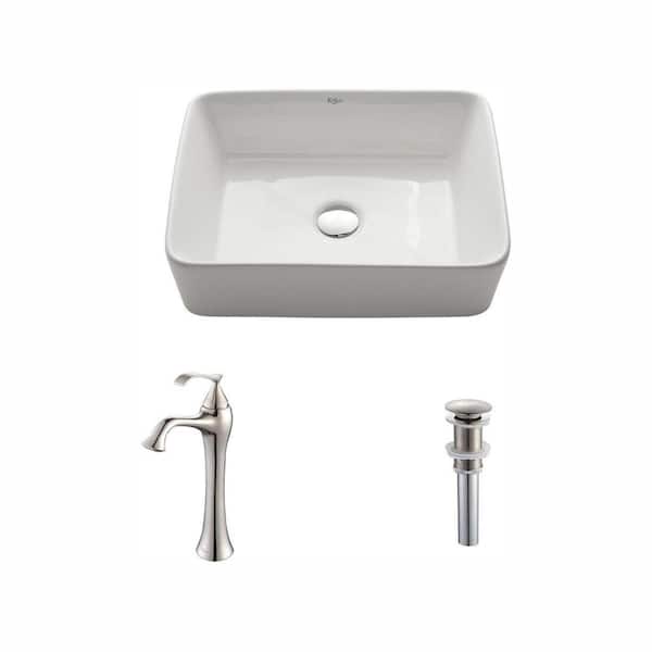 KRAUS Rectangular Ceramic Vessel Sink in White with Ventus Faucet in Brushed Nickel
