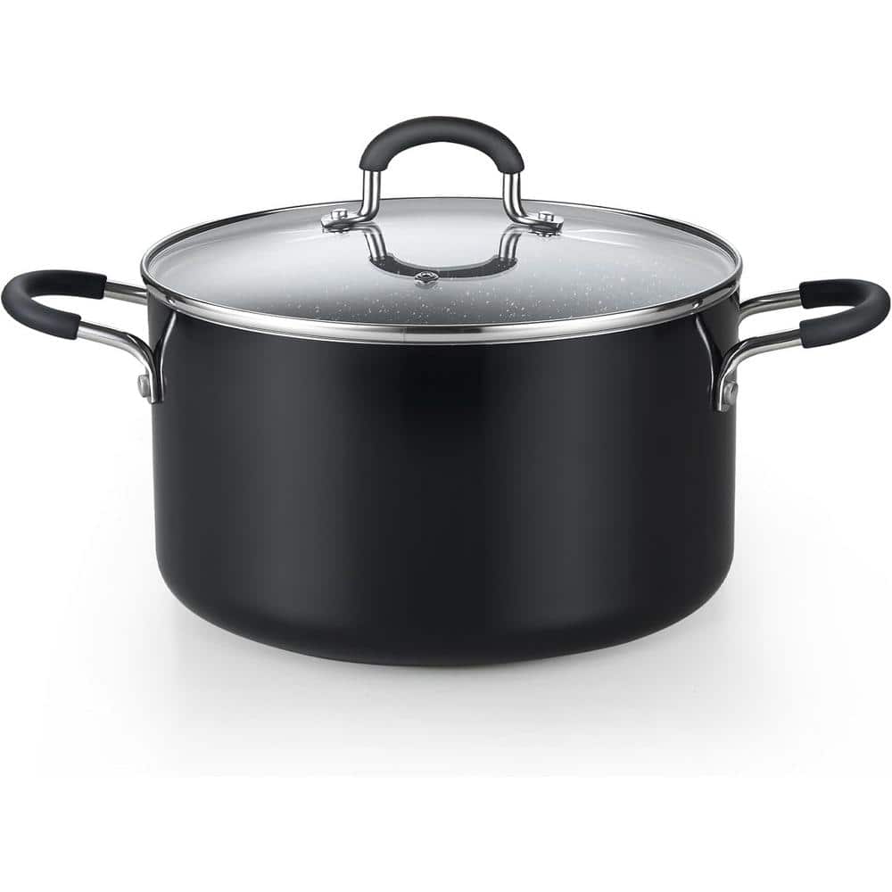 6-Quart Black Nonstick Aluminum Stockpot with Glass Lid