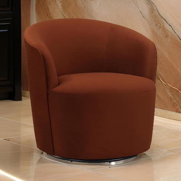Benjara Orange Velvet Arm Chair with Padded Barrel Style