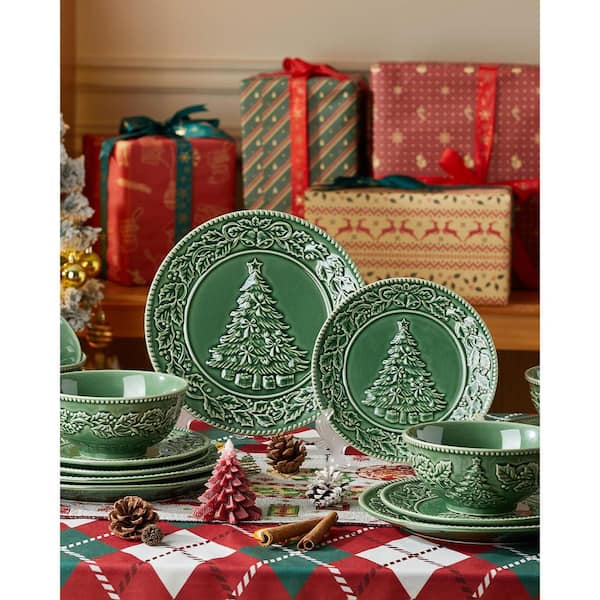 JFVKAF 6-Piece Christmas Tree Embossed Green Ceramic Salad Plate