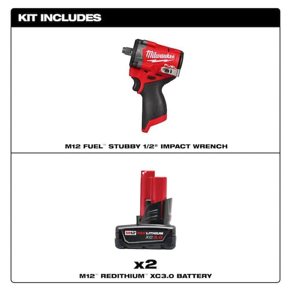 M12 FUEL 12V Lithium-Ion Brushless Cordless Stubby 1/2 in. Impact Wrench with 3.0 Ah Battery Pack (2-Pack)