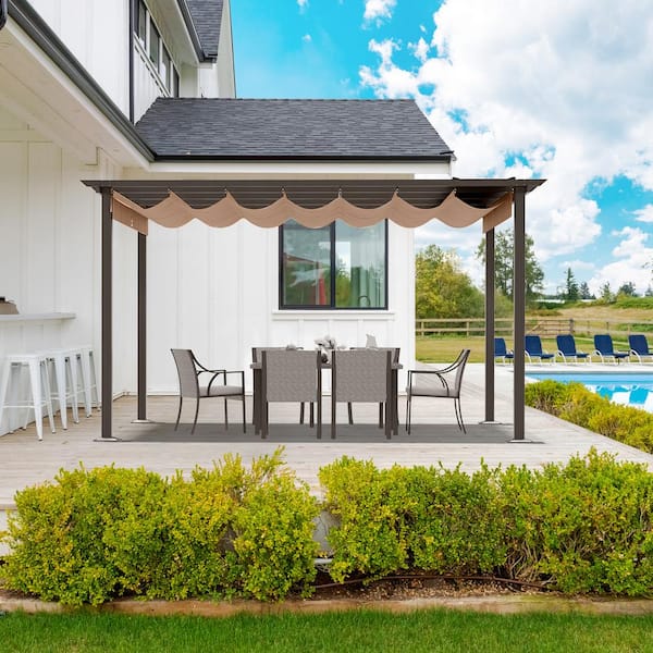 10 ft. x 13 ft. Aluminum Outdoor Pergola with Brown Retractable Shade Canopy