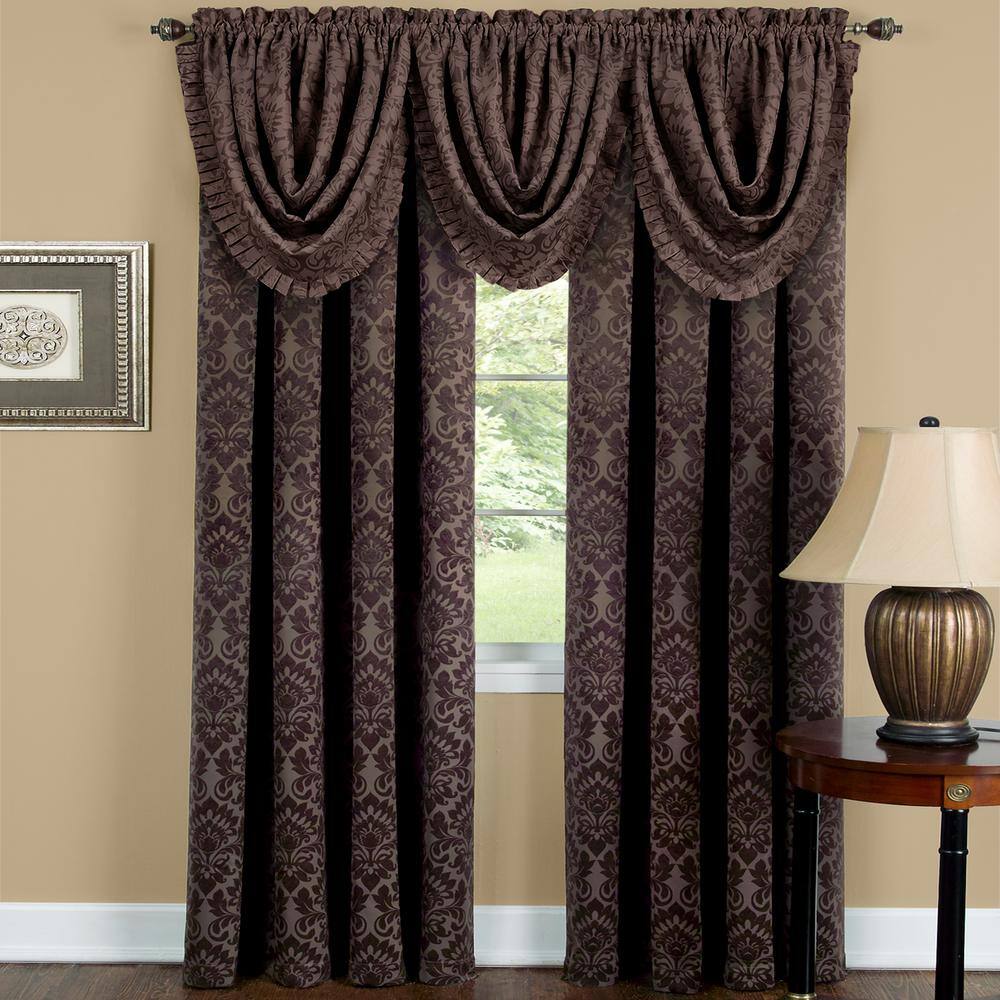 Brown Damask Blackout Waterfall Valance with Rod Pocket, 48" x 36"