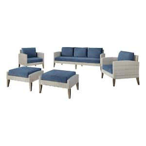 Natural 5-Piece Wooden Patio Conversation Set with Blue Cushions