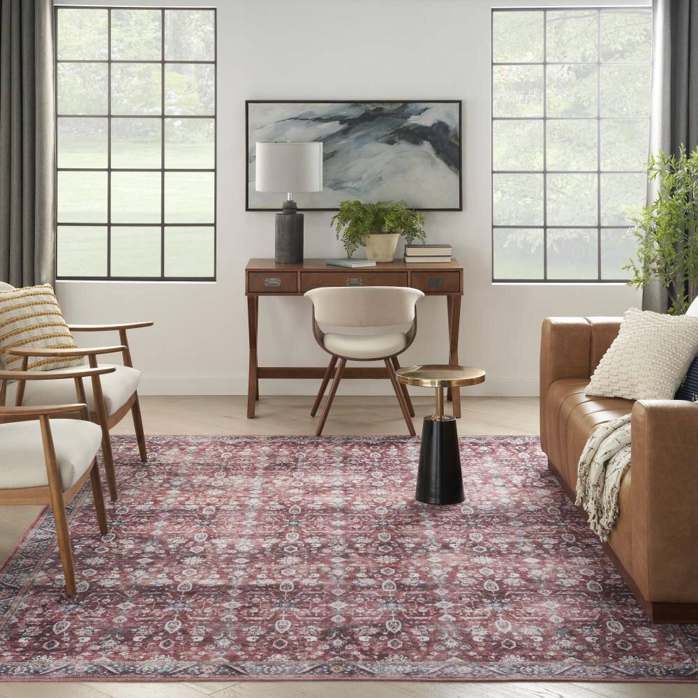 Brick and Ivory Floral Washable Synthetic 5' x 7' Rug
