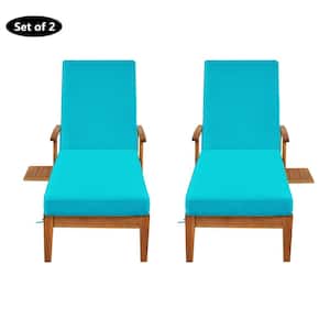 Solid Wood 2-Piece Adjustable Outdoor Chaise Lounge With Blue Cushion