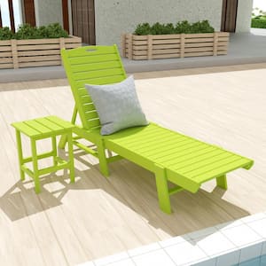 Laguna 2-Piece Lime Fade Resistant Poly HDPE Plastic Outdoor Patio Reclining Chaise Lounge Chair with Side Table Set