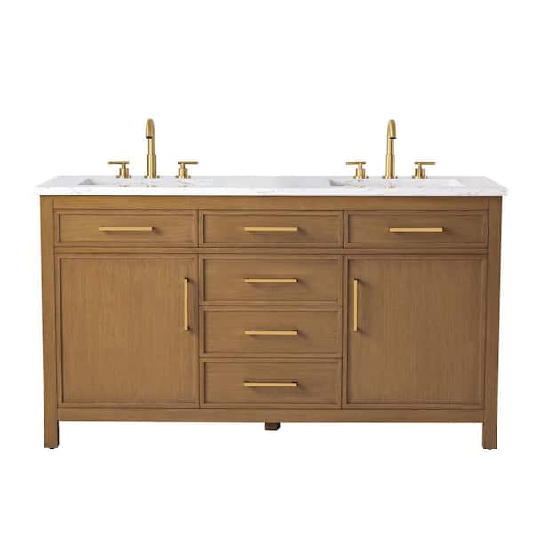 Logan 60 in. W Bath Vanity in Caramel with Engineered Stone Top in Carrara White with White Sinks