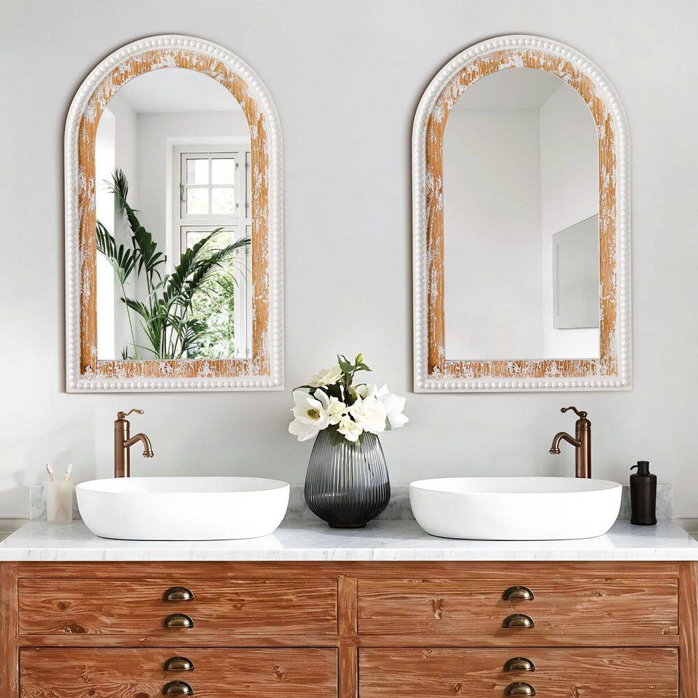 Antique White Arched Wood Vanity Wall Mirror with Beaded Frame