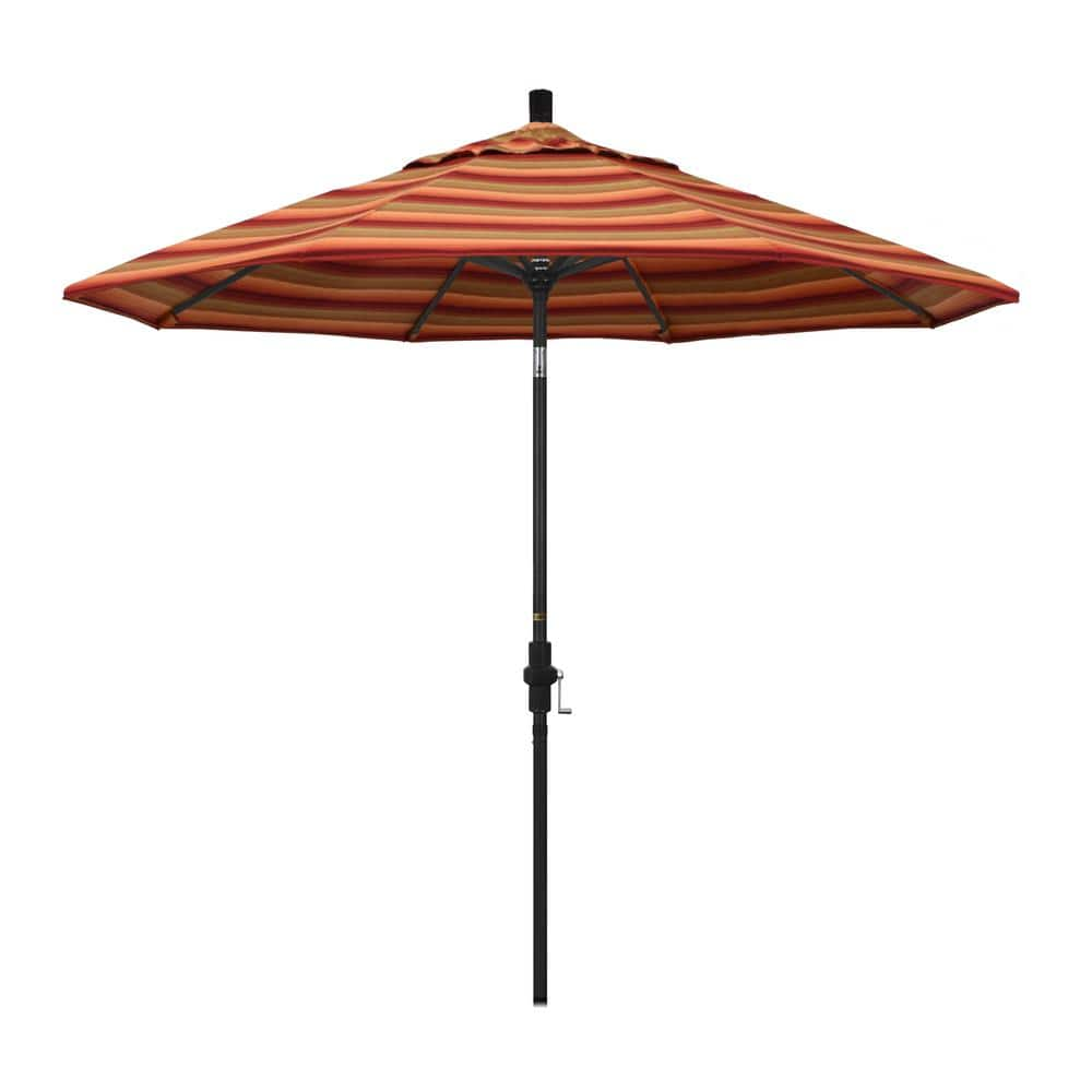 California Umbrella 9 ft. Stone Black Aluminum Collar Tilt Crank Lift Market Patio Umbrella in Astoria Sunset Sunbrella