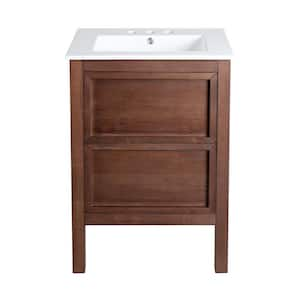 Nadar 24 in. W Bathroom Vanity in Brown Walnut with White, 3-Hole Ceramic Sink Top