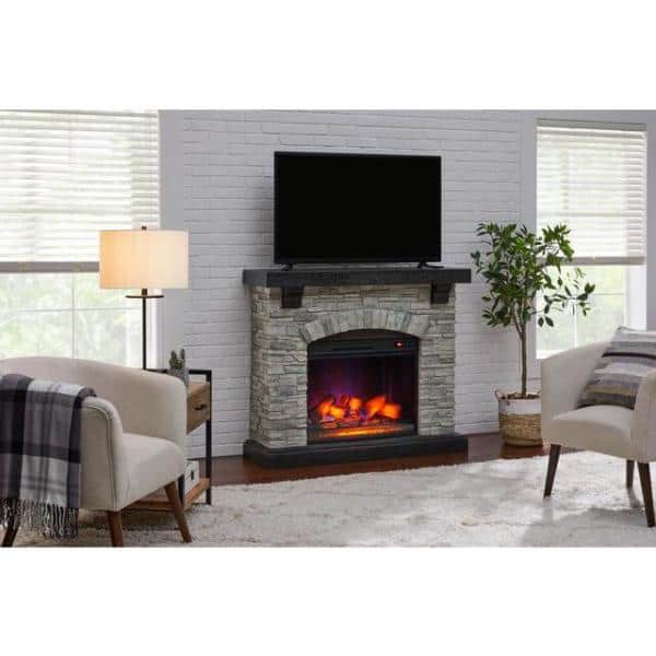 StyleWell Pembroke 50 in. W Freestanding Faux Stone Infrared Wall Mantel Electric Fireplace in Gray