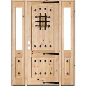 64 in. x 96 in. Mediterranean Knotty Alder Arch Unfinished Right-Hand Inswing Prehung Front Door with Half Sidelites