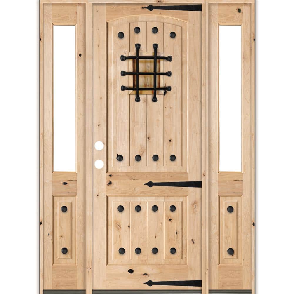 70 in. x 96 in. Mediterranean Knotty Alder Arch Unfinished Right-Hand Inswing Prehung Front Door with Half Sidelites price history on PriceWatchPro