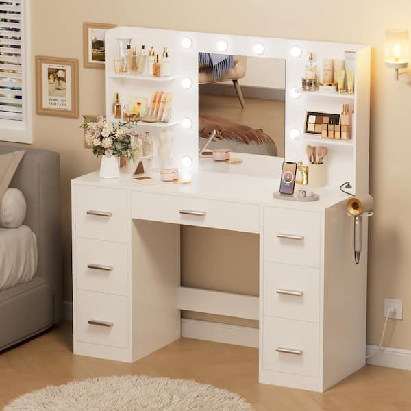 Makeup Vanity With Lights in 3-Colors, Vanity Desk with Large Mirror, Drawers and Shelves, White