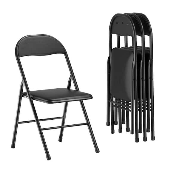 4 Pack Padded Folding Chairs, Metal Portable Stackable Chairs with Soft Faux Leather Seat for Home, Office, Black