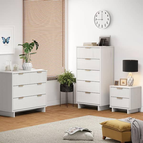 Manhattan Comfort Granville White 2-Drawer 18.11 in. W Nightstand, 5-Drawer 23.62 in. W Chest and 3-Drawer 37.8 in. W Dresser