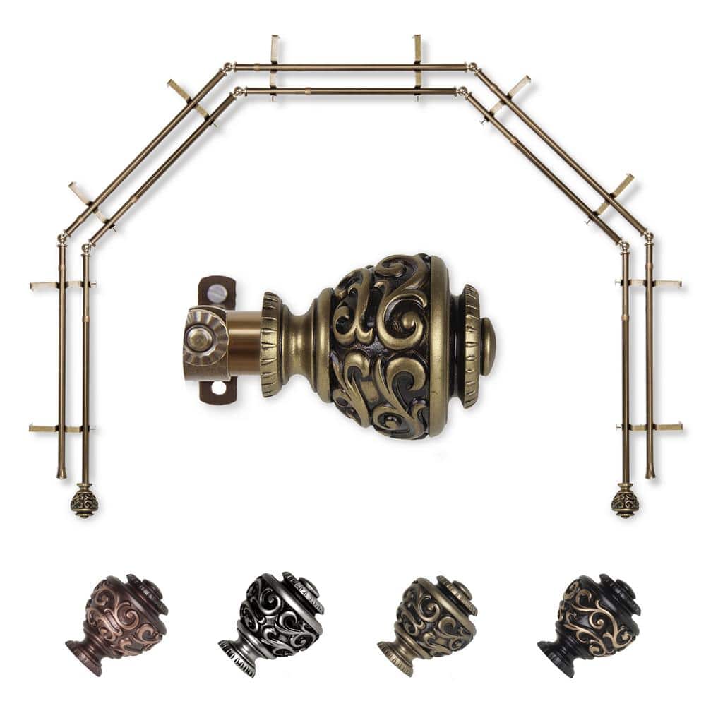 "13/16"" Dia Adjustable 5-Sided Double Bay Window Curtain Rod 28 to 48"" (each side) with Diana Finials in Antique Brass" price history on PriceWatchPro