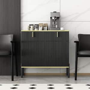 Black Wooden Accent Storage Cabinet, Sideboard with 2-Drawers, 2 Doors, 4 Doors and Vertical Wavy Front Surface