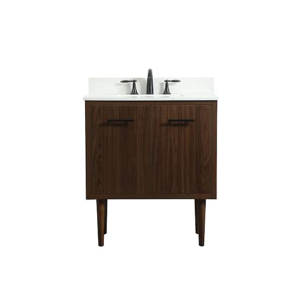 Unbranded Simply Living 30 in. W x 19 in. D x 33.5 in. H Bath Vanity in Walnut with Ivory White Engineered Marble Top