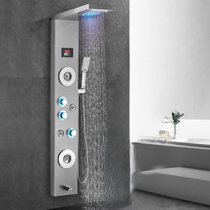 55 in. 6-Jet LED Shower Panel System with Rainfall Waterfall Shower Head Hand Shower and Massage Head in Brushed Nickel