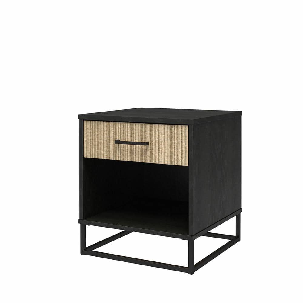 Coastal Charm Black Oak & Faux Rattan Nightstand with Drawer