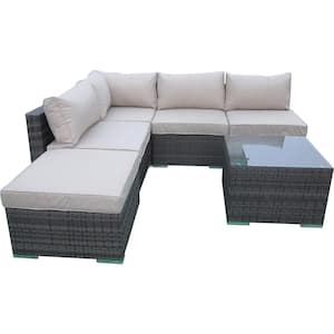 6-Pieces Corner Sofa Set, Wicker Aluminum Outdoor Sectional Set with Washed Taupe Cushion Fully Assembled