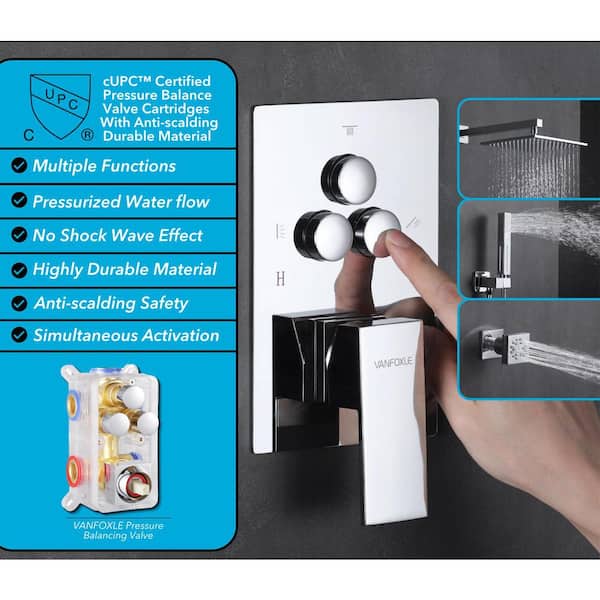 Single Handle 3-Spray Shower Faucet 1.8 GPM 10 in. Square Ceiling Mounted with Pressure Balance in. Chrome with 4-Jet