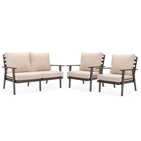 Leisuremod Walbrooke Brown 3-Piece Aluminum Patio Set with Removable Beige Cushions Loveseat and Armchairs (Set of 2)