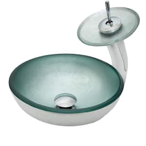 Mini Argento Silver Hand-Foiled Glass Round Vessel Sink with Faucet and Drain in Chrome