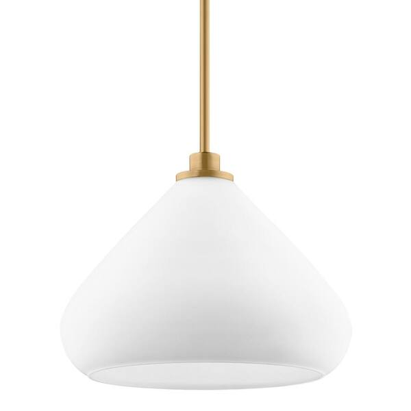 Hampton Bay Cranchester 1-Light Satin Brass Pendant Light with Etched Opal Glass