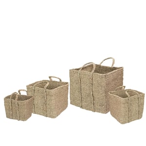 Set of 4 Rustic Beige Square Wicker Table and Floor Baskets (Set of 3)