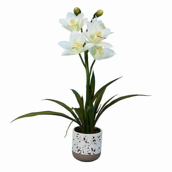 Vickerman 19 in. White Artificial Cymidium Orchid Floral Arrangement In Pot