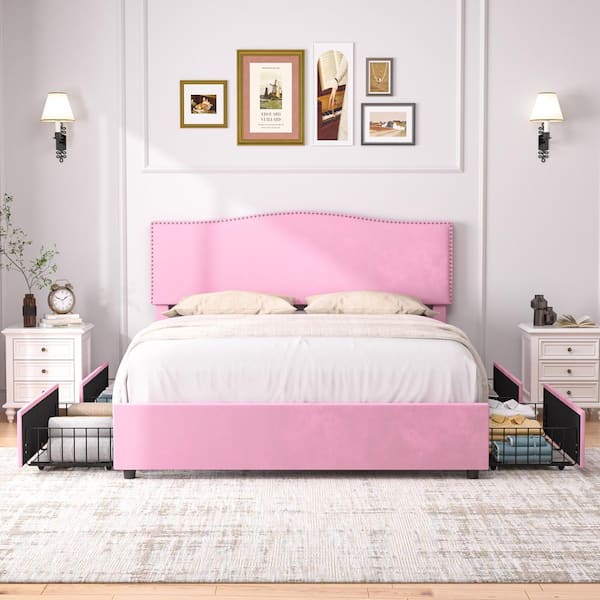 VECELO Velvet Storage Pink Metal Frame Full Platform Bed with 4 Drawers, Upholstered Bed with Adjustable Headboard