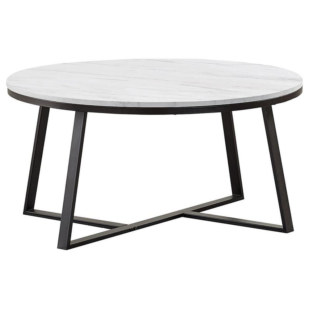 Contemporary 36" White Faux Marble & Matte Black Round Coffee Table