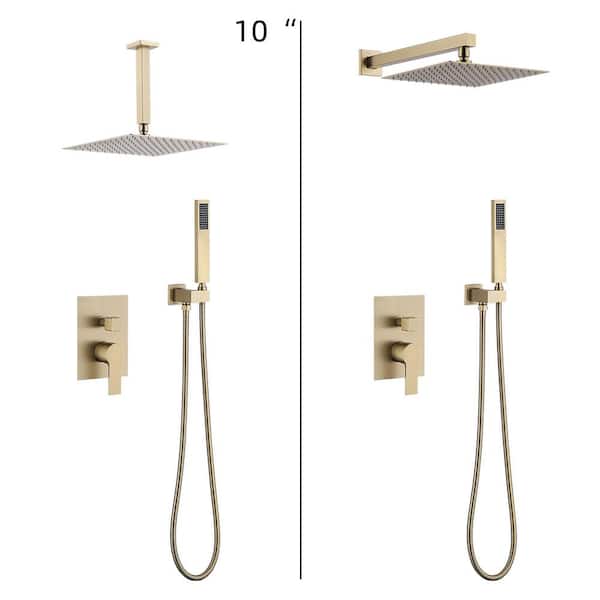 YASINU 10 in. Single Handle 1 Spray Rain Square Shower Faucet with Handheld Shower in Brushed Gold (Valve Included)