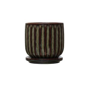 Multi-Colored Fluted Stoneware Planter with Stripes and Saucer
