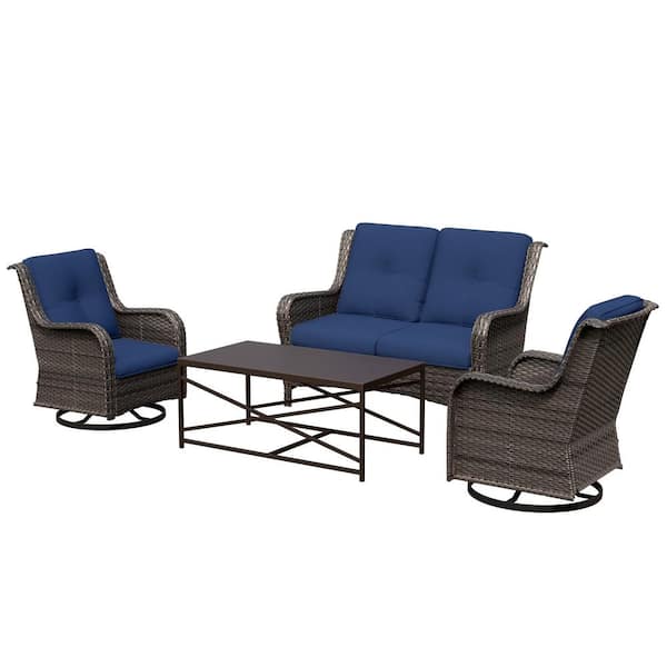 4-Piece Wicker Patio Conversation Set Loveseat Sofa Coffee Table with Blue Cushion