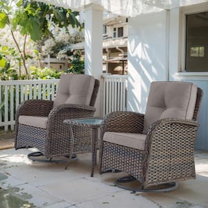 Brown 3-Piece Wicker Patio Conversation Set with Gray Cushions