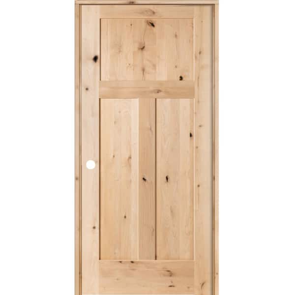 Krosswood Doors 28 in. x 80 in. Krosswood Craftsman 3-Panel Shaker Solid Wood Core Rustic Knotty Alder Single Prehung Interior Door