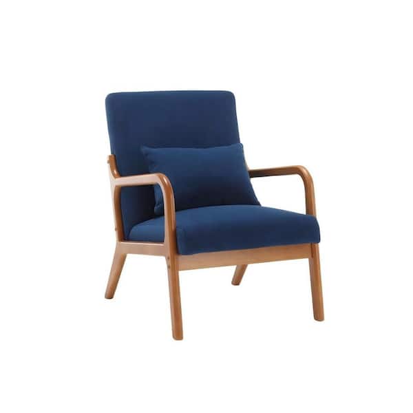 HOMEFUN Mid Century Modern Navy Velvet Upholstered Wooden Frame Accent Armchair with Pillow and Cushion