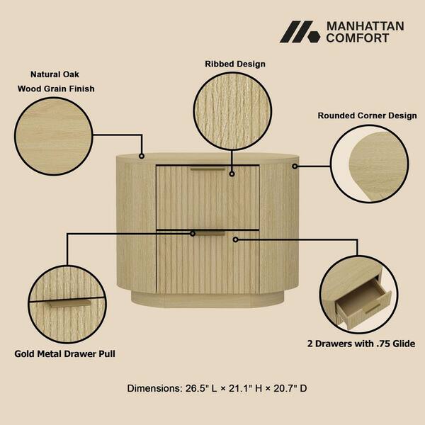 Manhattan Comfort Olivia Modern Natural Oak and Gold 2-Drawer 26.5