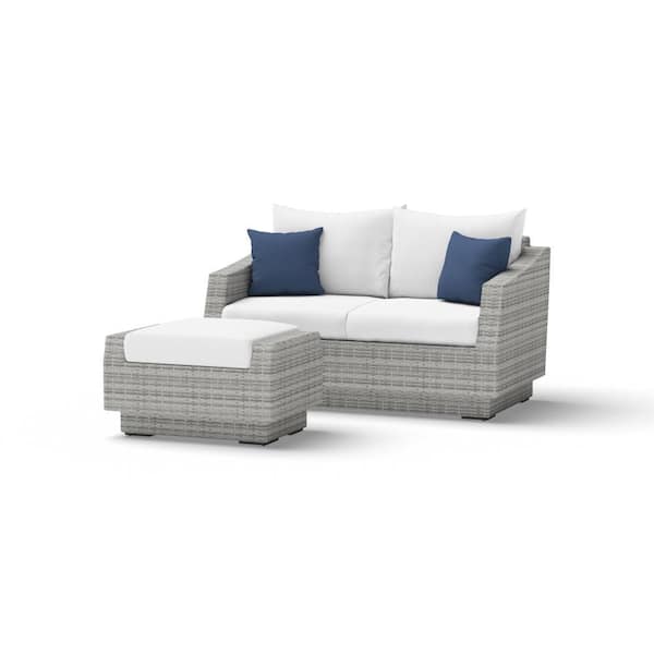 RST BRANDS Cannes Wicker Outdoor Loveseat with Ottoman with Sunbrella Bliss Ink Cushions