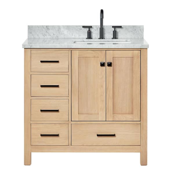 ARIEL Cambridge 36 in. W x 22 in. D x 35 in. H Single Freestanding Bath Vanity in Oak with Italian Carrara Marble Top